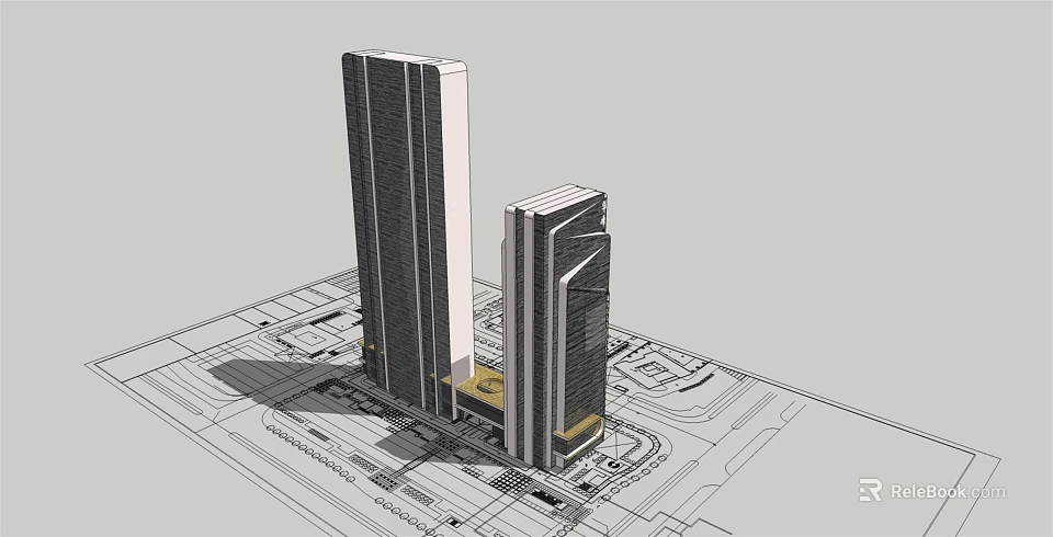 Modern High Rise Office Building With Glass Curtain Walls And Golden Base Design 3d model 