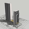 Modern High Rise Office Building With Glass Curtain Walls And Golden Base Design