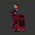Child in Red Coat and Hat Holding Red Electric Guitar with Red Smiling Face Speaker