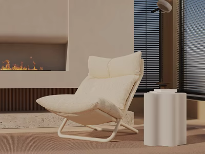 Cream Colored Modern Leisure Chair By Fireplace With Side Table And Window Blinds 3d model