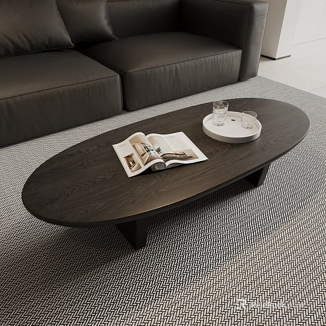 Modern Black Oval Coffee Table With Open Magazine White Tray Glass Cups Near Gray Sofa 3d model 