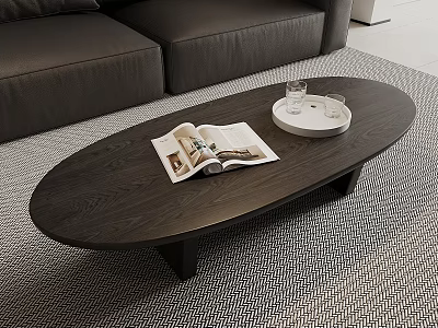 Modern Black Oval Coffee Table With Open Magazine White Tray Glass Cups Near Gray Sofa 3d model