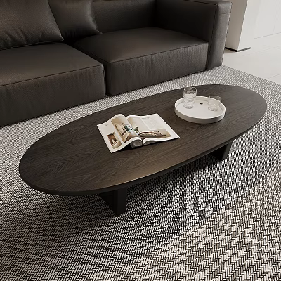 Modern Black Oval Coffee Table With Open Magazine White Tray Glass Cups Near Gray Sofa 3d model