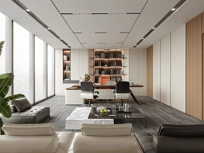 Modern Office Interior Design With Large Windows Sofa Bookshelves Desk And Green Plants 3d model