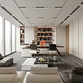 Modern Office Interior Design With Large Windows Sofa Bookshelves Desk And Green Plants