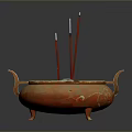 Traditional Orange Incense Burner With Gold Patterns Handles And Red Sticks