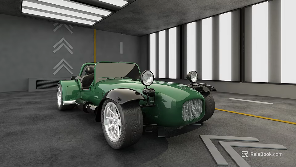 Green Open Top Classic Car in Modern Indoor Garage with Large Windows 3d model 