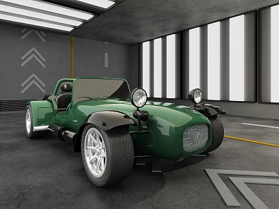 Green Open Top Classic Car in Modern Indoor Garage with Large Windows 3d model