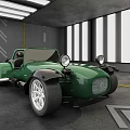 Green Open Top Classic Car in Modern Indoor Garage with Large Windows