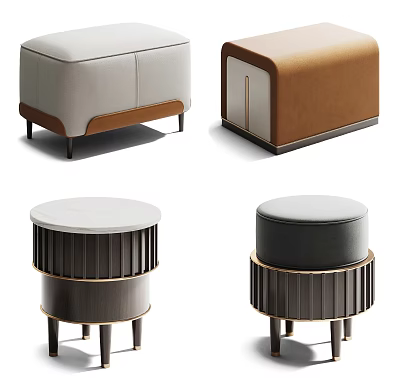 Modern Square And Round Stools With Leather Seats And Wooden Bases In Gray Brown 3d model