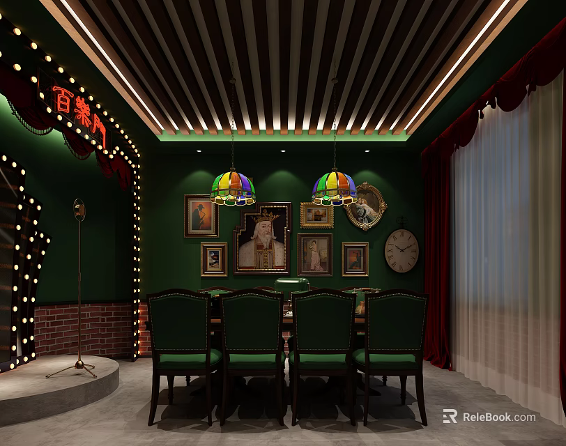 Vintage Themed Interior Design Featuring Green Walls Red Curtains Colorful Pendant Lights And Wall Decor 3d model 