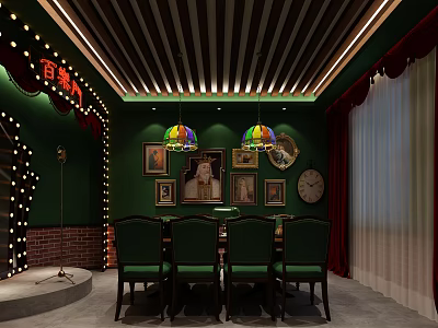 Vintage Themed Interior Design Featuring Green Walls Red Curtains Colorful Pendant Lights And Wall Decor 3d model