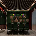 Vintage Themed Interior Design Featuring Green Walls Red Curtains Colorful Pendant Lights And Wall Decor