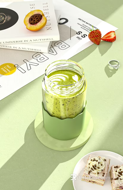 Creamy Green Matcha Smoothie Served in Clear Glass Jar with Green Cozy 3d model 