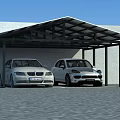 Covered Parking Lot With Metal Roof Black Frame And Gray Car On Paved Ground