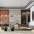 Modern Tea Room Interior Design With Wooden Shelves Tea Sets Green Plants And Tables