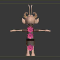 Game and Movie Character With Horns Antennas Gray Outfit Red Green Back Decorations Outstretched Arms
