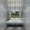 Modern Public Restroom with Wooden Stall Doors Gray Marble Walls White Sinks Mirror Potted Plant