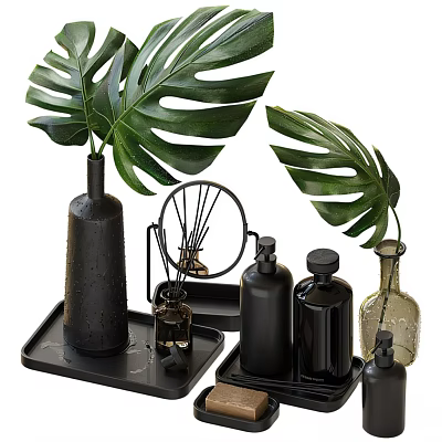 Decorative Ornament Set With Monstera Leaves Black Aromatic Bottles Metal Trays And Glass Vases 3d model