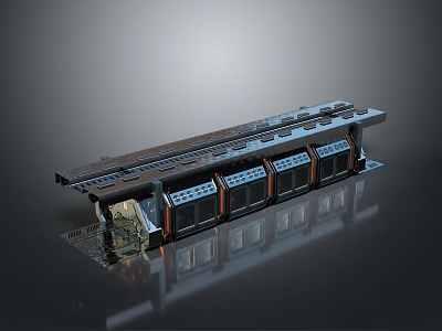 Long Rectangular Industrial Equipment With Multiple Black And Blue Units On Reflective Surface 3d model