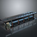Long Rectangular Industrial Equipment With Multiple Black And Blue Units On Reflective Surface