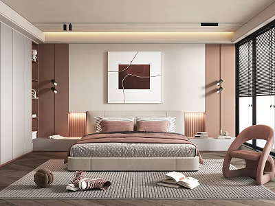 Modern Bedroom Interior Design With Bed Abstract Painting Bedside Lamps Window Blinds And Neutral Tones 3d model