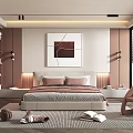 Modern Bedroom Interior Design With Bed Abstract Painting Bedside Lamps Window Blinds And Neutral Tones