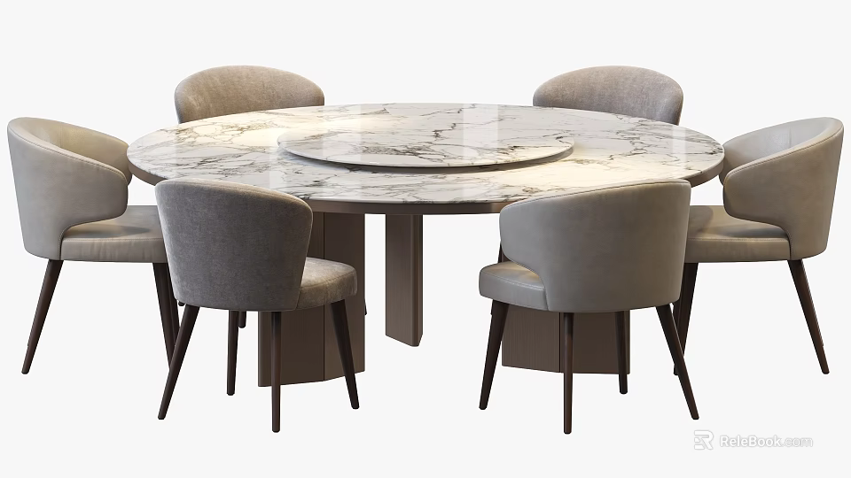 Modern Round Marble Dining Table With Gray Chairs Set For Elegant Interior 3d model 