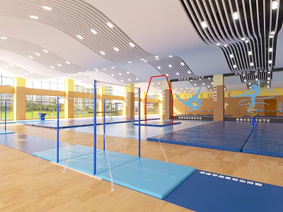 Spacious Indoor Sports Fitness Gym With Blue Mats And Balance Beams 3d model