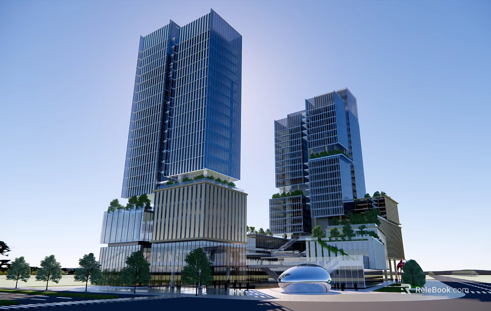 Modern Office Building With Tall Glass Curtain Walls Greenery On Top Lower Buildings And Plaza 3d model 