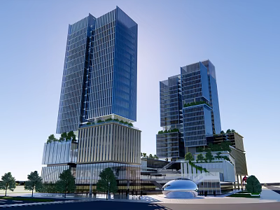 Modern Office Building With Tall Glass Curtain Walls Greenery On Top Lower Buildings And Plaza 3d model