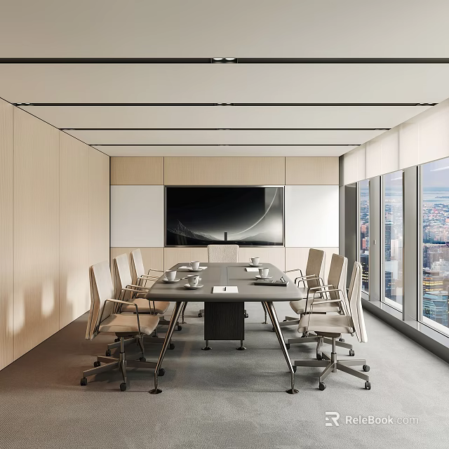 Modern Conference Room Interior With Long Table Chairs Large Screen TV And City View Windows 3d model 