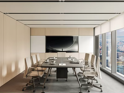 Modern Conference Room Interior With Long Table Chairs Large Screen TV And City View Windows 3d model
