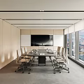 Modern Conference Room Interior With Long Table Chairs Large Screen TV And City View Windows