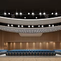 Large Modern Conference Room With Blue Seats Large Screen Wooden Walls And Ceiling Lighting