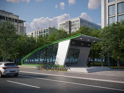 Modern Sleek Urban Bus Stop Shelter With Public Shared Bikes Parking Next To City Road 3d model