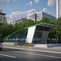 Modern Sleek Urban Bus Stop Shelter With Public Shared Bikes Parking Next To City Road