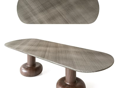 Modern Oval Dining Table With Textured Wooden Surface And Pedestal Bases 3d model