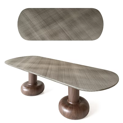 Modern Oval Dining Table With Textured Wooden Surface And Pedestal Bases 3d model