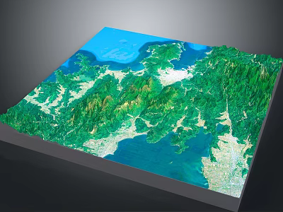 3D Topographic Terrain Model with Green Mountain Ranges Blue Water Bodies and White Land Areas 3d model