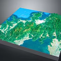 3D Topographic Terrain Model with Green Mountain Ranges Blue Water Bodies and White Land Areas