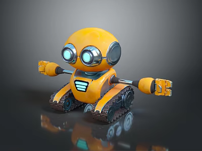 Cute Yellow Robot With Big Blue Eyes And Tracked Base Extending Arms 3d model