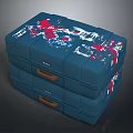 Practical Stacked Blue Storage Boxes Featuring Red And White Patterns And Brown Handles