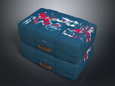 Practical Stacked Blue Storage Boxes Featuring Red And White Patterns And Brown Handles 3d model