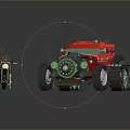 Red Utility Vehicle with Vintage Motorcycle Mechanical Details and Large Wheels