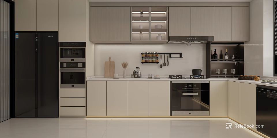 Modern Kitchen Interior Design With Stylish Upper Lower Cabinets And Appliances 3d model