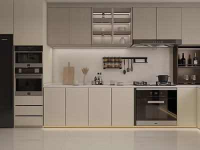 Modern Kitchen Interior Design With Stylish Upper Lower Cabinets And Appliances 3d model