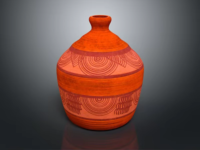 Handcrafted Orange Ceramic Vase With Intricate Red Geometric Patterns And Textured Surface 3d model