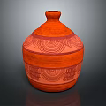 Handcrafted Orange Ceramic Vase With Intricate Red Geometric Patterns And Textured Surface