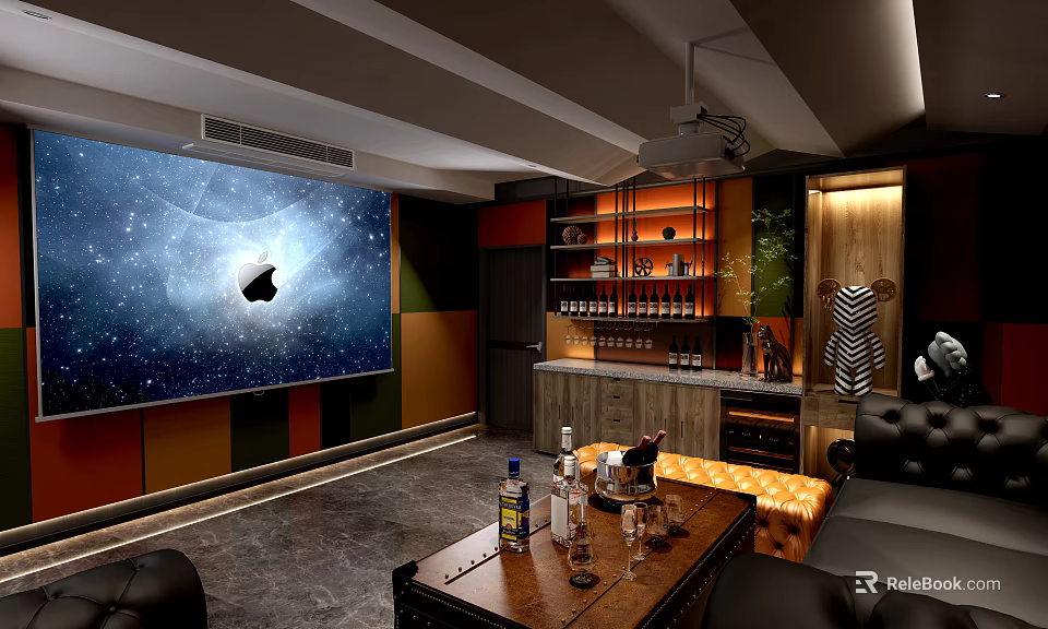 Modern Home Theater Interior With Large Projection Screen Starry Sky Backdrop And Cozy Sofa 3d model